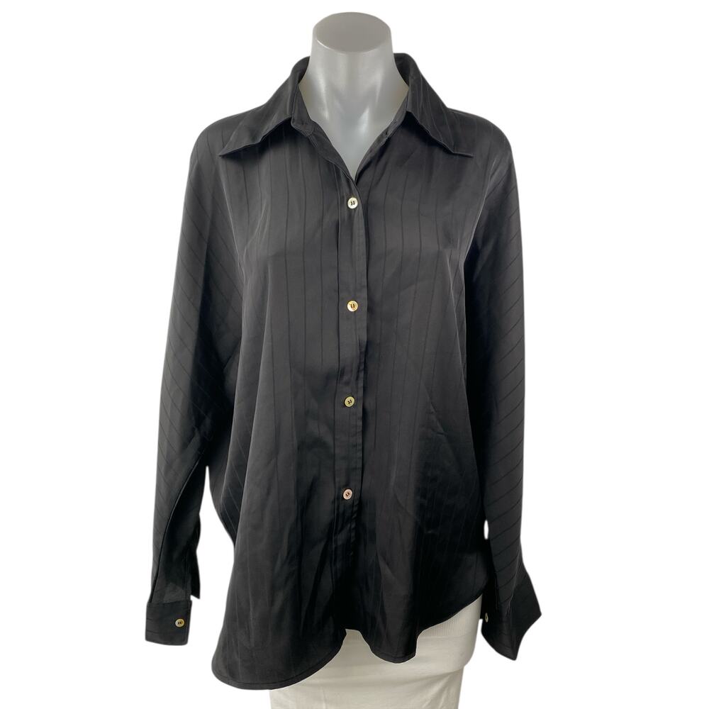 Commense Women's Black Silk Satin Striped Long Sleeve Button Down Shirt Top Sz S